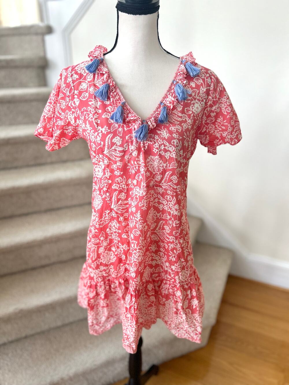 Bella Tu Coral Pink & White Blue Tassel Floral Block Print Ruffle Hem Dress